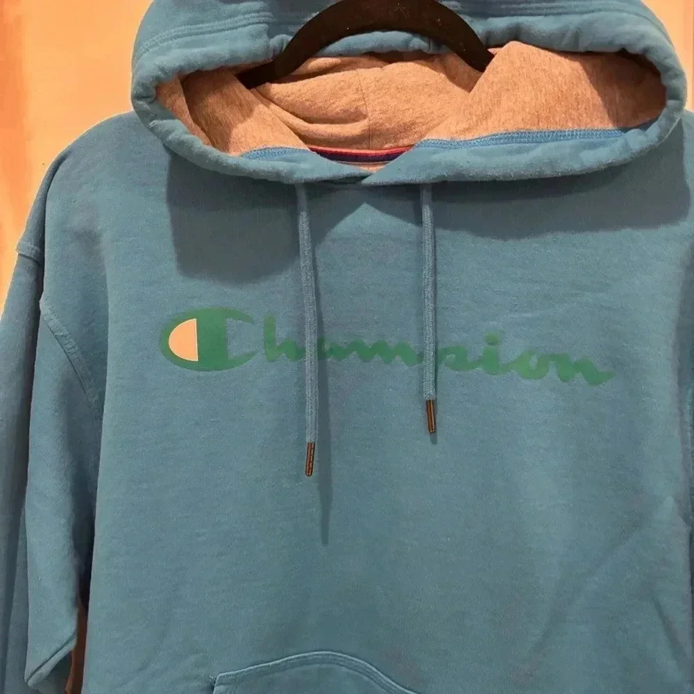 Champion Blue Hoodie with Green Logo Grey Lined Hood Size Medium